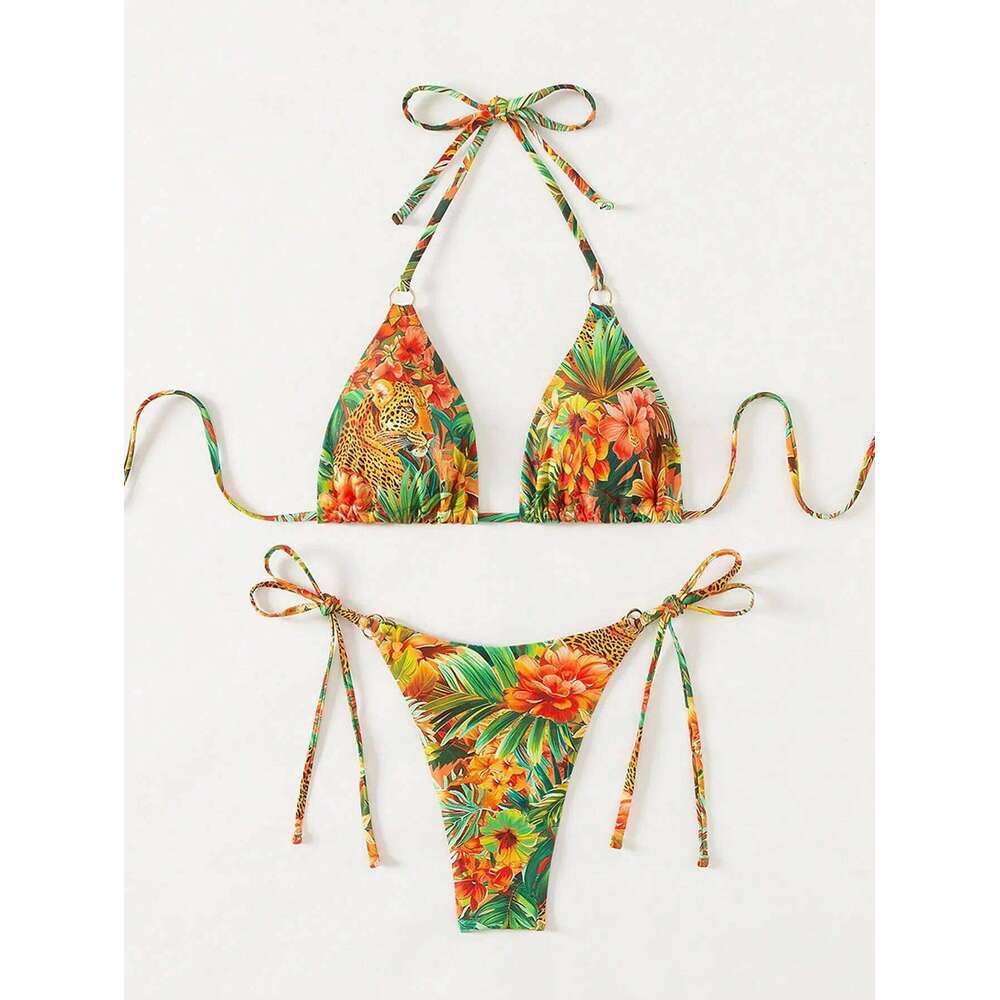 Tropical Print Bikini Set Women's 2025 New 2 Piece Swimsuit Sexy Triangle Halter Backless Thong Swimwear Beach Vacation Wear Z260301