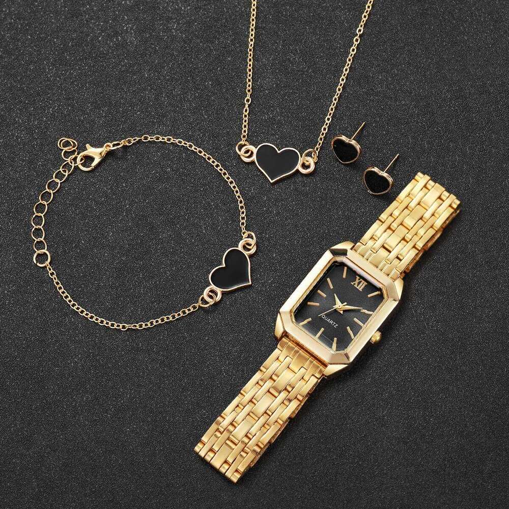 5PCS Elegant Rectangle Women es Heart Jewelry Set Ladies Alloy Strap Quartz Wrist Reloj Mujer Without Box H260228