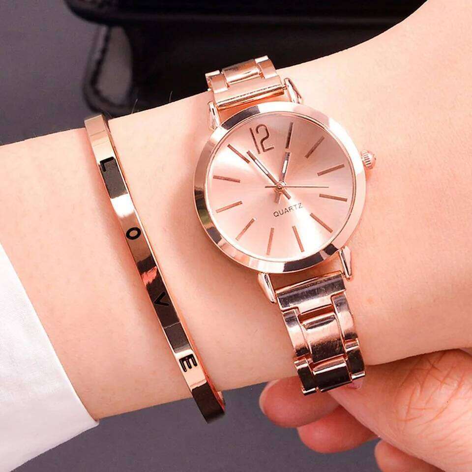 2pcs Set Women Simple Dial Hollow Strap Fashion Gold Quartz Wrist Student Ladies es Reloj Mujer H260228