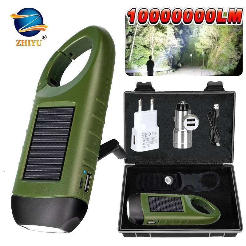 Solar Led Flashlights Portable Hand Cranked Dynamo Torch for Outdoor Riding Camping Power Hiking Long-range Emergency Lantern Z260301