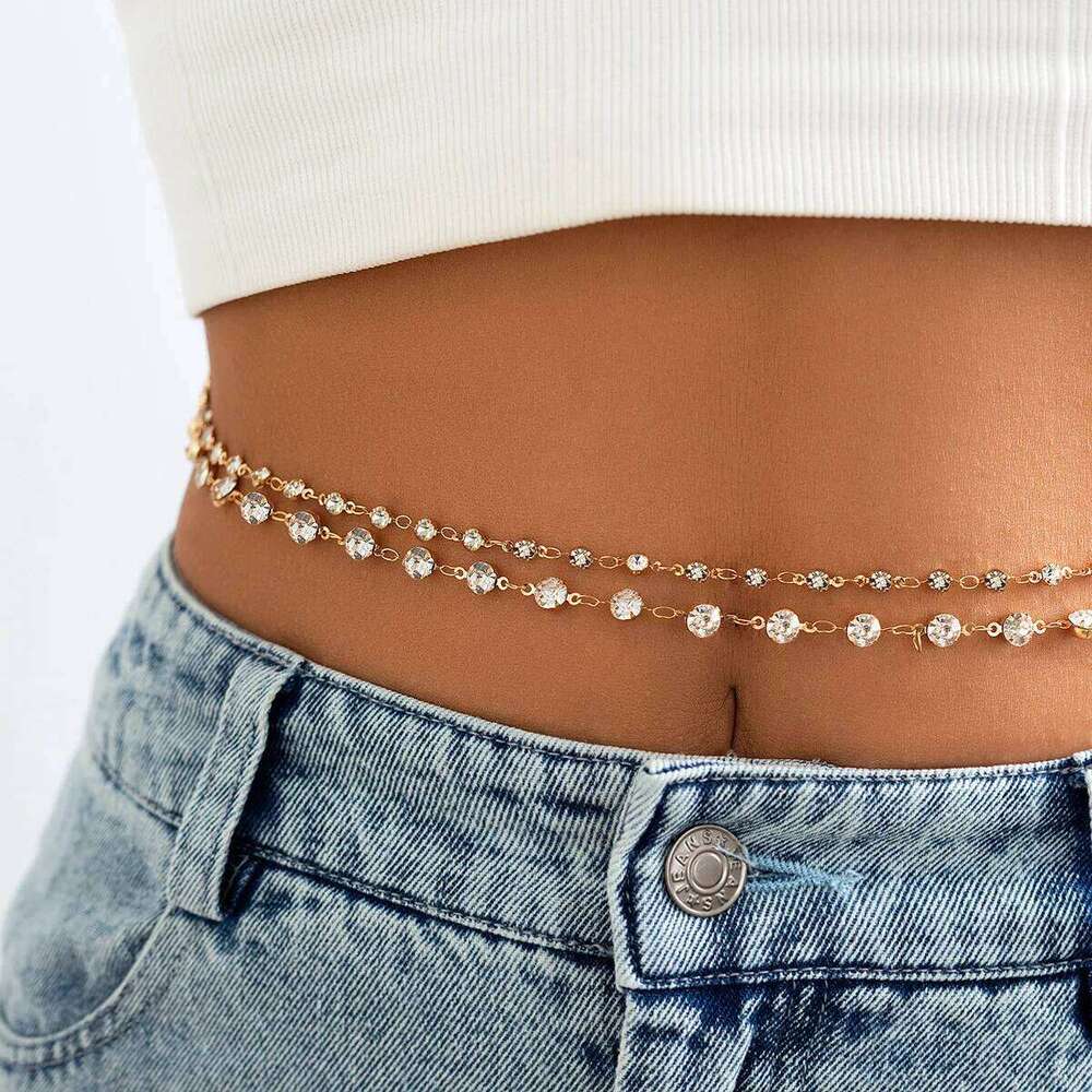 Exquisite Bilayer Bikini Belly Chains Sexy Women Shining Rhinestone Waist Chain Summer Beach Party Body Jewelry Y2K Accessories H260228