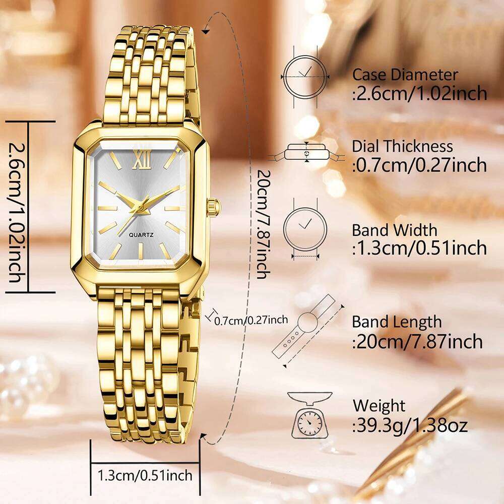 4PC Golden Women Fashion Trend Rectangular Dial Quartz Set Suitable for Daily Exclusive Matching H260228