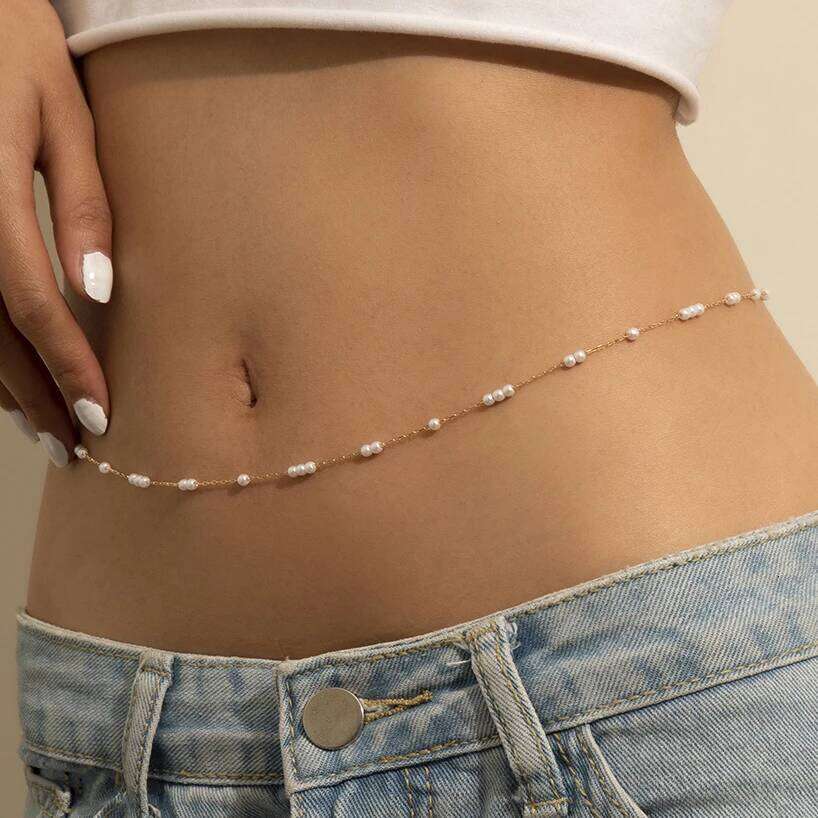 Cute Kpop Boho Simulate Pearl Thin Belt Waist Beads Chain Jeans Delicate Body Jewelry Women Harness Fashion Natural Decorations H260228
