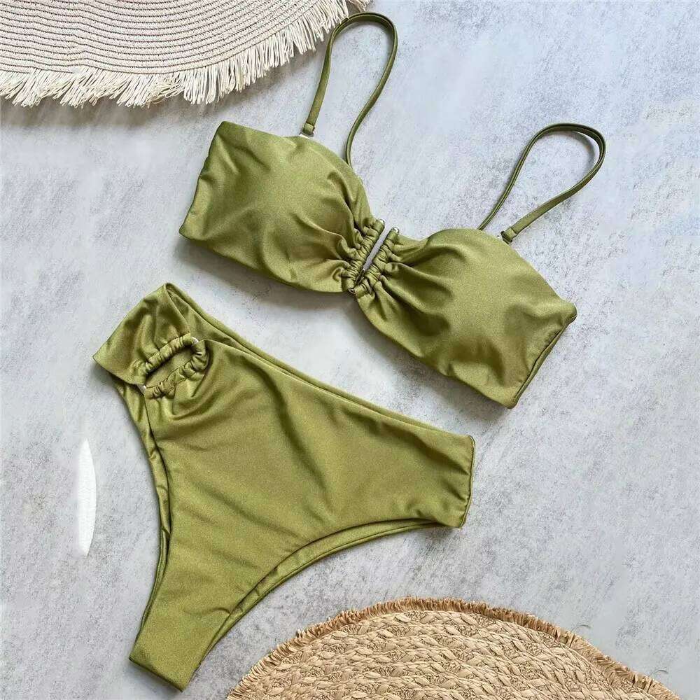 Brown Shiny U Shaped Bikini High Waist Sexy Swimsuit Women 2026 Wrinkled Solid Swimwears Bathing Suit Bandeau Bikinis Sets Mujer Z260301