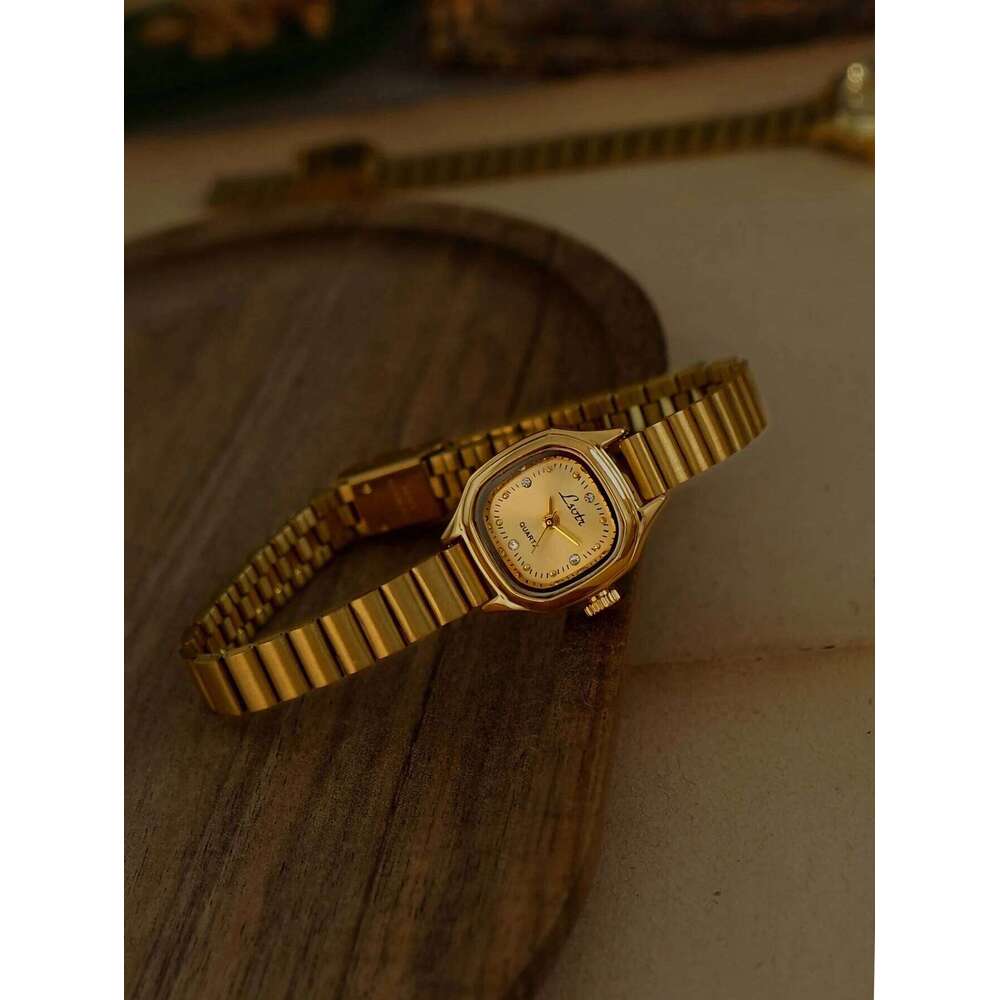 1 New French-Style Vintage Exquisite Gold Square Small Dial , Fashionable, Simple, Elegant, Luxurious, Compact, Waterproof, Stainless Steel Strap, Cla
