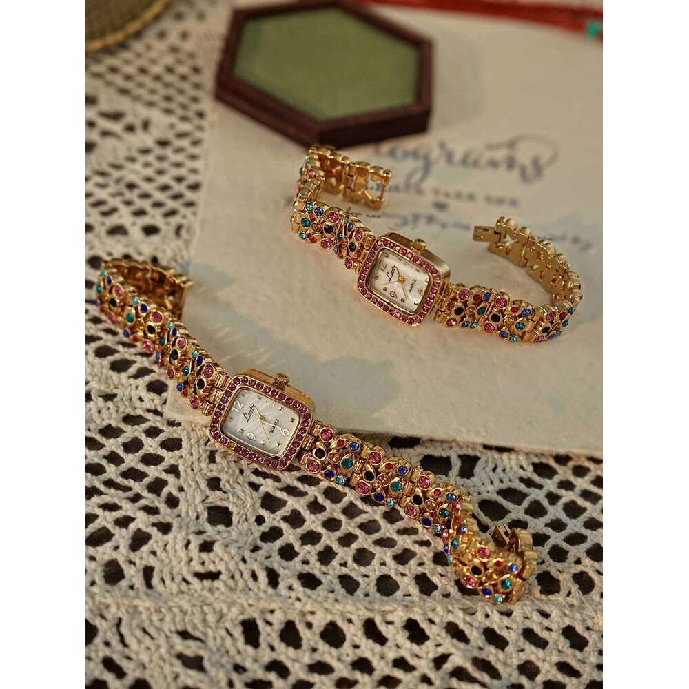 1 Piece French Fashionable and Elegant Women's Colorfulful Rhinestone Gemstone Inlaid Strap 30m Waterproof Square Quartz Mother-Of-Pearl Dial, Su