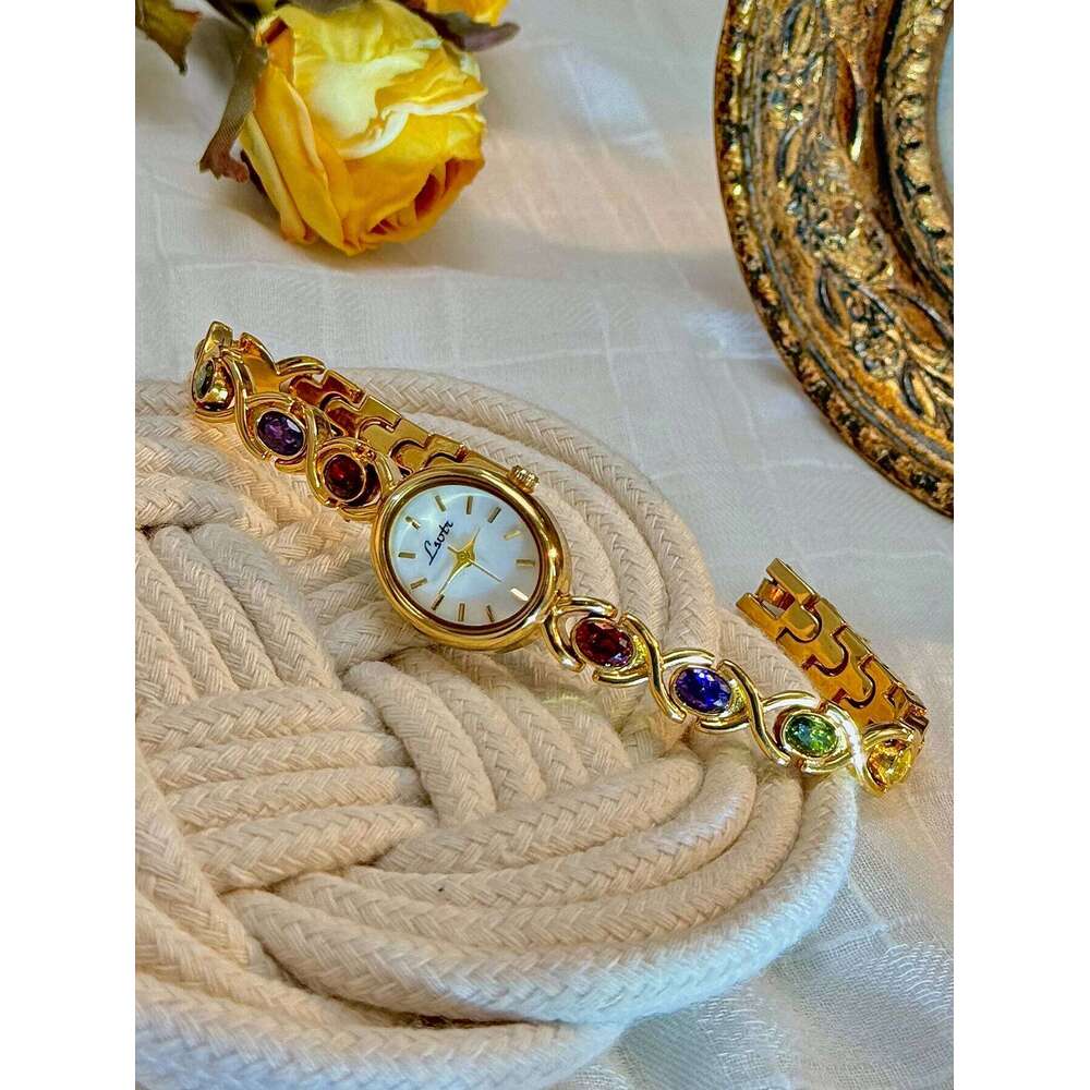 1 Piece of New High-End Colorfuled Tourmaline Gem Rhinestone Inlaid Accessible Retro Elegant Fashion Women's Oval Mother-Of-Pearl Dial 30m H26022