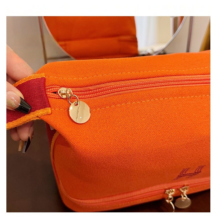 Travel portable canvas makeup bag, large capacity zippered storage bag, double-layer lunch box bag, fashionable luxury storage bag, multi-functional t