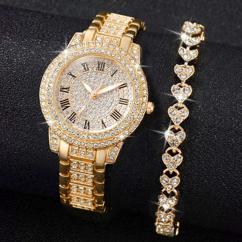 2PCS/Set Women's Fashion Full Diamond Roman Dial Steel Band Quartz Rhinestone Heart SetWithout Box H260228