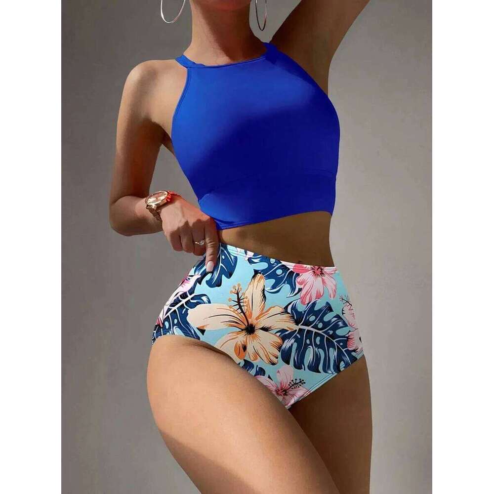 2025 Waist Bikinis Women High Neck Swimsuit Floral Swimwear Female Bathers Bathing Swimming Suit Summer Beachwear Z260301