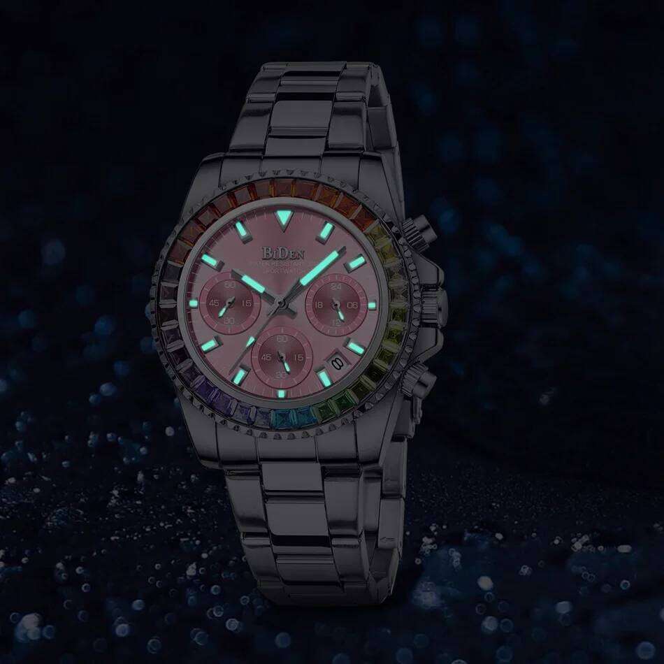 Silver Stainless Steel Elegant Women es Multi Function Chronograph Waterproof Calendar Lady Quartz Wrist Purple H260228