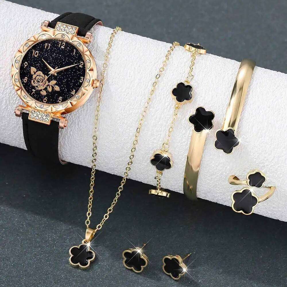 7PC Women's Fashionable and Elegant Flower Element Dial Quartz Necklace Ring Earrings Set Perfect Gift H260228