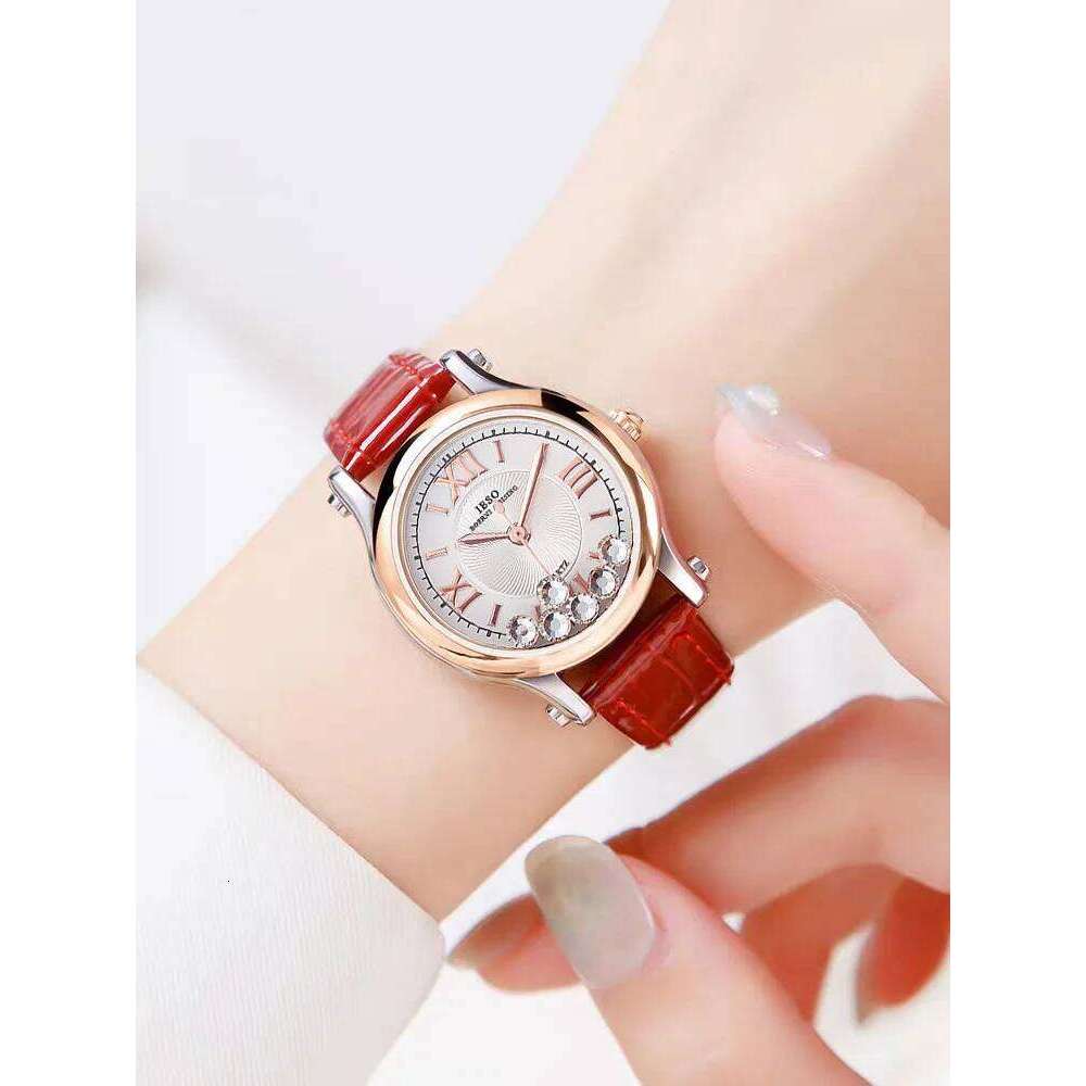 Women's Japan Quartz Hours Fine Fashion Dress Clock Real Leather Happy Moving Rhinestones Girl's Gift H260228