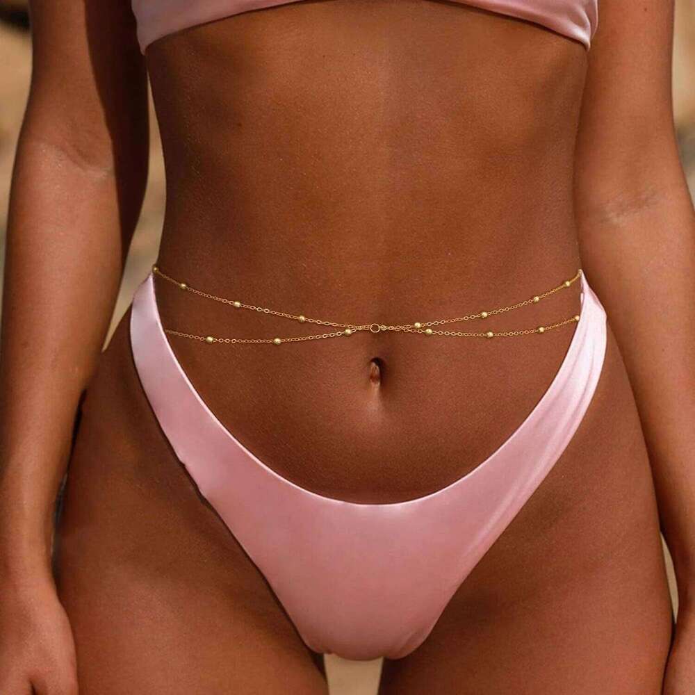 2025 New STAINLESS STEELGold Color Round Beaded Waist for Women Simple Metal Double-Layer Adjustable Belly Chain Bea H260228