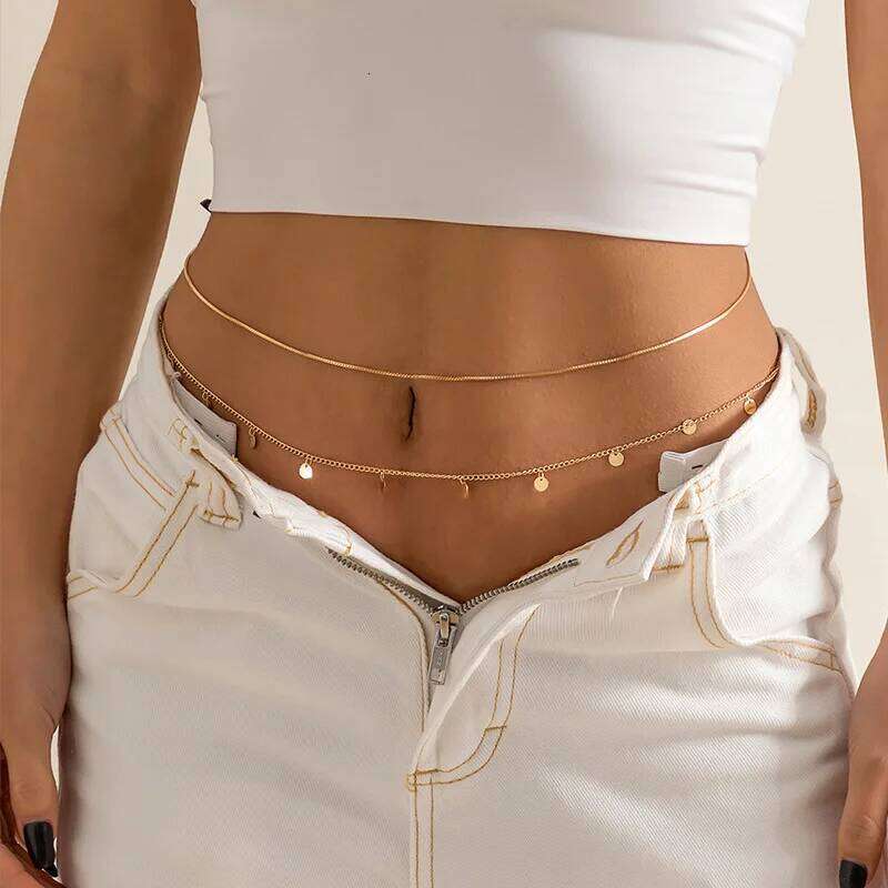 Summer Beach Jewelry Fashion Women's Alloy Double Layer Fine Waist Sexy Versatile Tassel Sequin Body Chain H260228