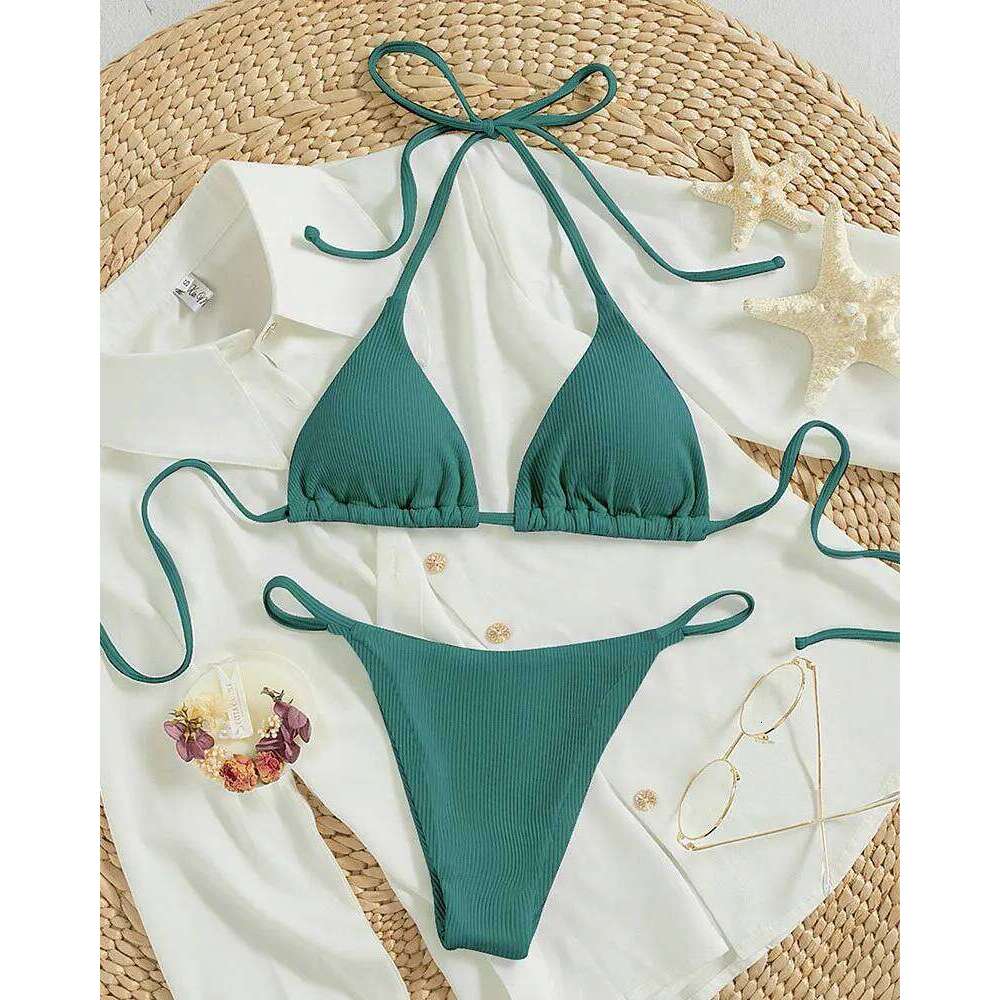 Bathing Suit Women Sexy Solid Halter Swimsuit Special Stripe Fabric Bikini Set Drawstring Lace Up Two-piece Split Beach Biquini Z260301