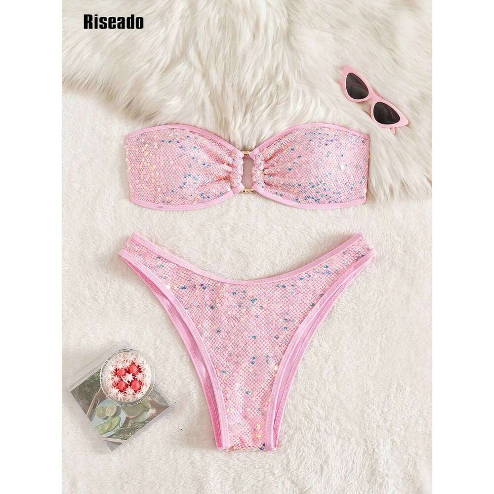 Women Sequins Shiny Bikini Bandeau Sexy String Two Pieces Swimsuit Female Thong Swimwear Z260301