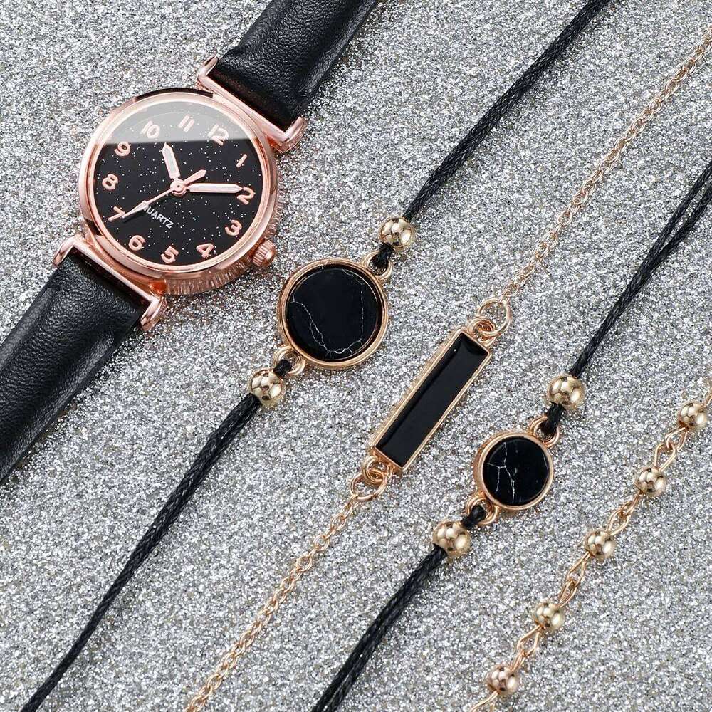 5PCS/Set Women's Fashion Starry Sky Dial Leather Band Quartz es Turquoise s Set H260228
