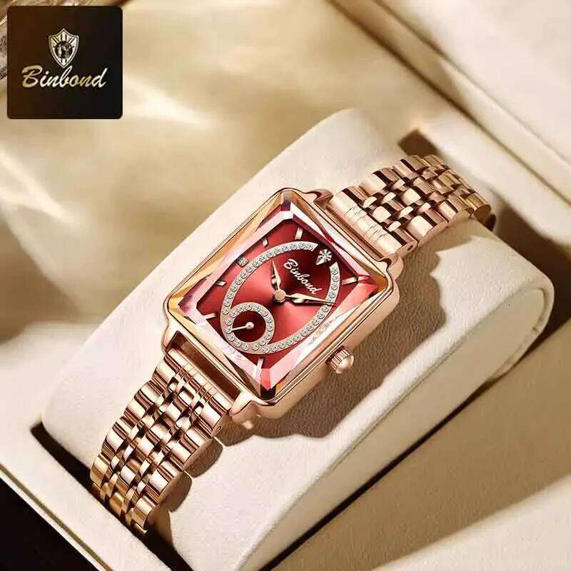 BINBOND Fashion Elegant Quartz High Quality Jewelry Design Waterproof Square Rose Gold Women H260228