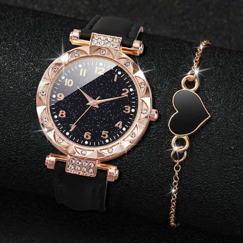 2PCS/Set Fashion Rhinestone Women's Quartz Analog PU Leather Band Wrist es Heart H260228
