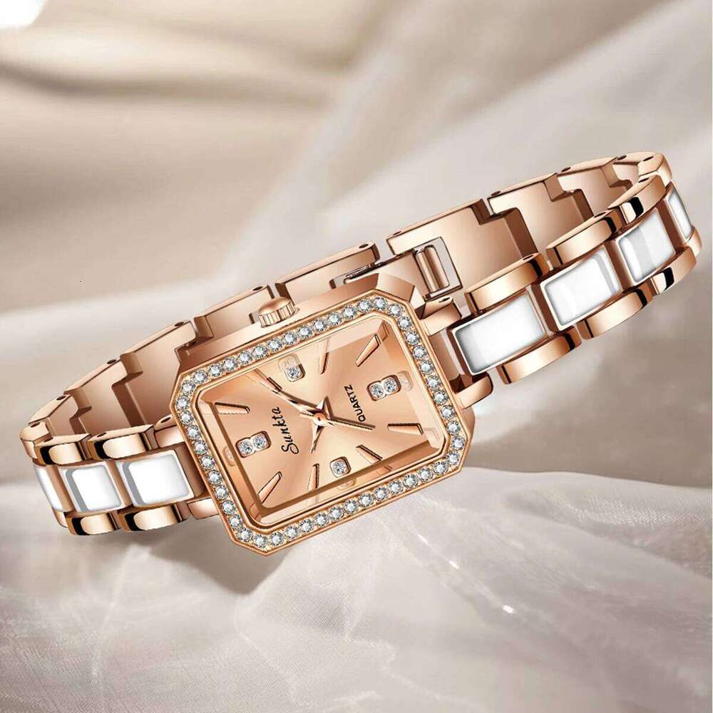 LIGE Luxury New Simple Square Full Diamond Digital Quartz e Gold Stainless Steel Women's Dress Clock H260228
