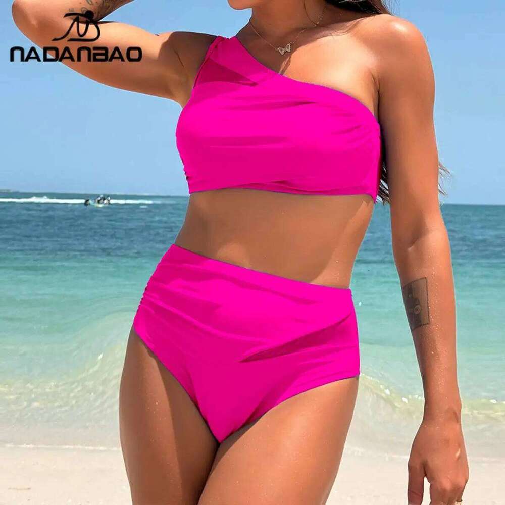 Nadanbao Two-piece Solid Bikini Set Women Fashion One-Shoulder Split Swimsuit High Waisted Women's swimsuit Pool 2025 Summer Z260301