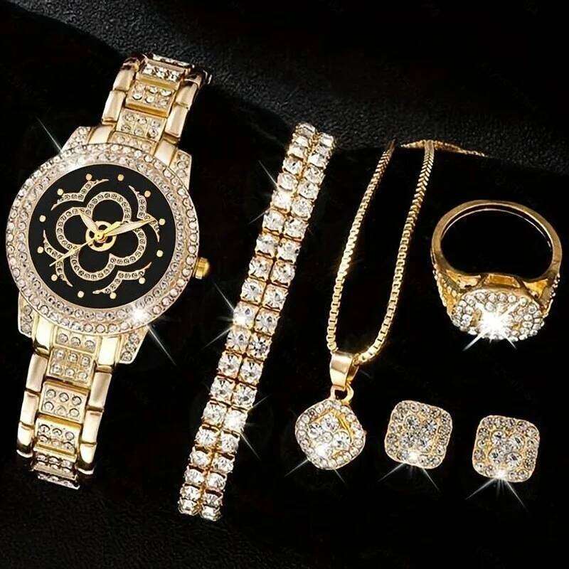 Fashion Light Luxury High-end Sense Diamond Steel Belt Large Disc Women's Quartz Set 6 Pieces Set, Suitable for Christ H260228