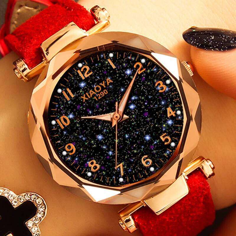 Xiaoya Women's Personality Romantic Starry Sky es Women Rhinestone Face Leather Band Quartz Wist Reloj Mujer H260228