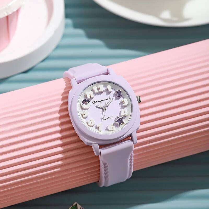 Fashion 3D Arabic Dial Women's Quartz Candy Color Silicone Band Square es H260228