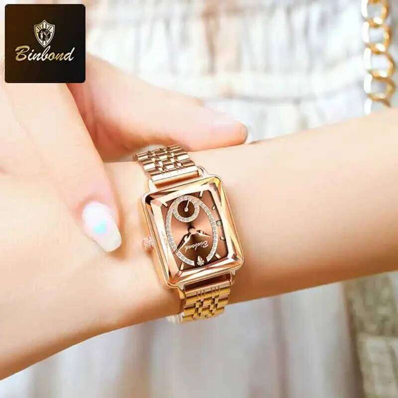 BINBOND Fashion Elegant Quartz High Quality Jewelry Design Waterproof Square Rose Gold Women H260228