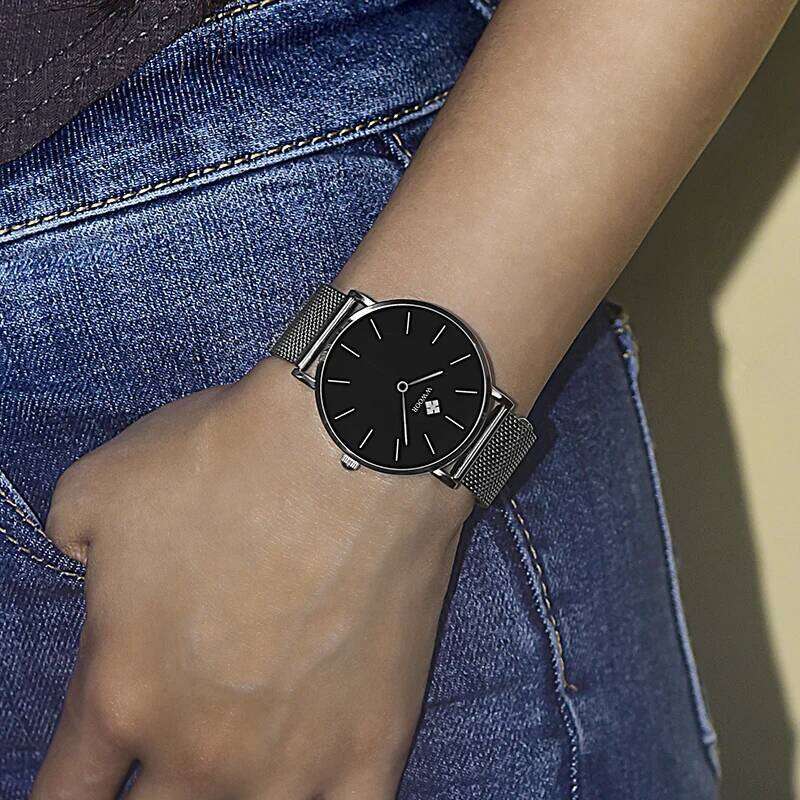 WWOOR New Womens Fashion Simple Ladies Slim Silver Black Dress Steel Mesh Sports Waterproof Wristes Reloj Mujer H260228