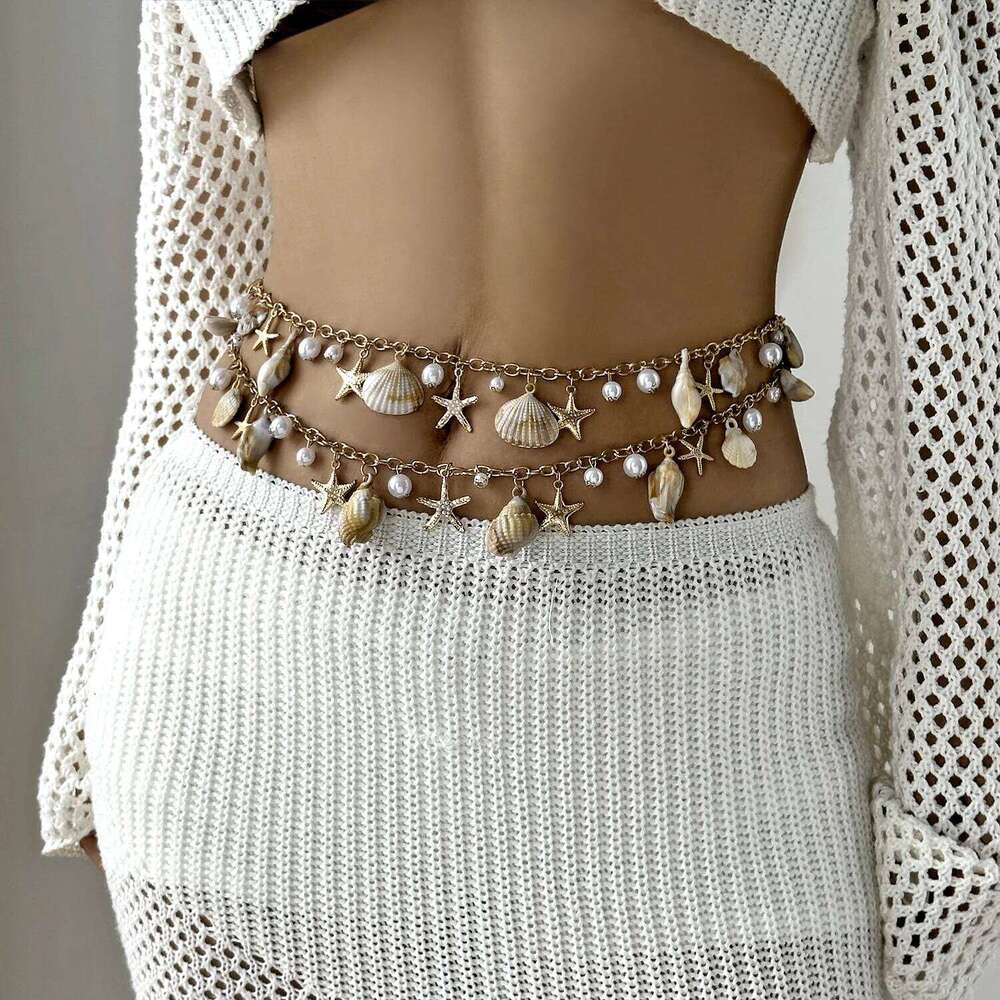 Beach Vacation Style Shell Starfish Imitation Pearl Waist Chain for Women Tassel Conch Pendant Body Belt Bikini Jewelry Gift H260228