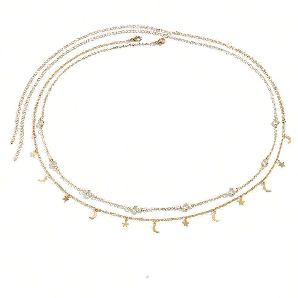 2 Pcs Fashion Simple Jewelry Sexy Rhinestone Gold Color Star Moon Tassel Belly Chains For Waist H260228