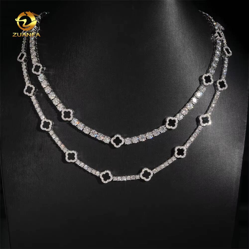 Iced Out 3mm 5mm 925 Silver Moissanite Diamond Tennis Necklace with Flower Design Fashion Tennis Jewelry for Men Women