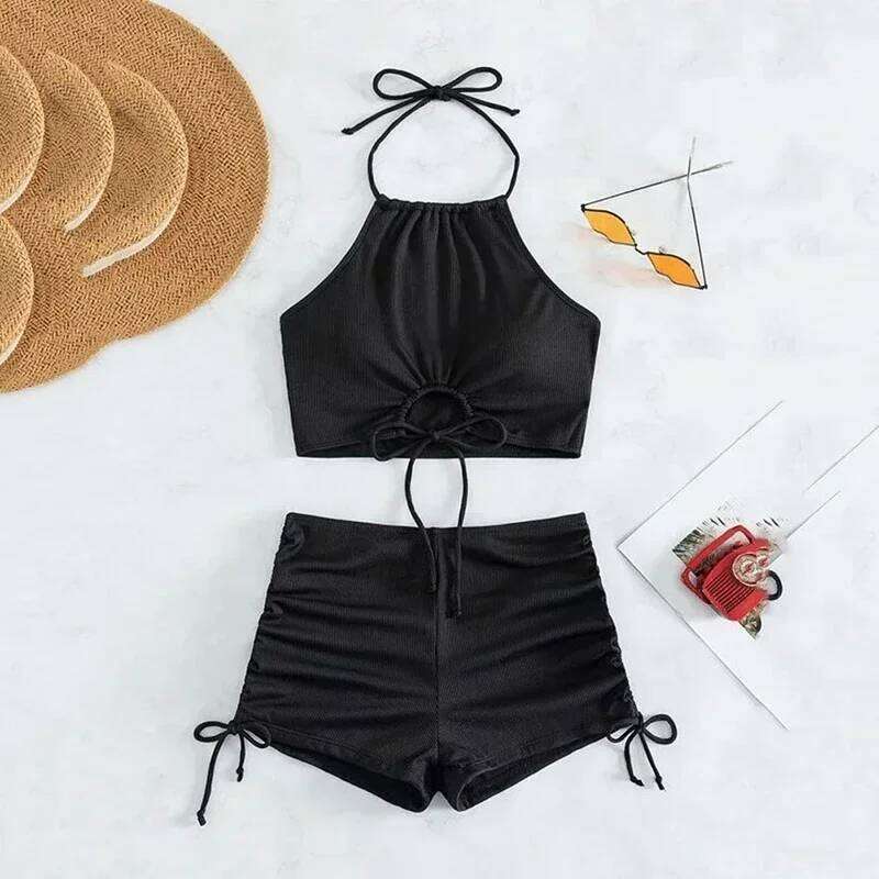 Brown Ribbed Swimwear Shorts Swimsuits Women Halter Bikinis Sets String Drawstring Bathing Suit Beachwear Sexy Bikini 2026 Mujer Z260301