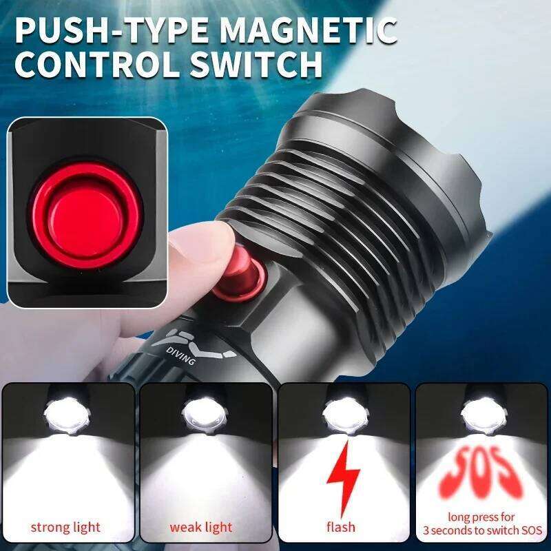 Diving Flashlight Rechargeable Strong XHP70 Focus Dive Torch Waterproof Submersible Lighting IPX-8 Underwater Flash Light Z260301