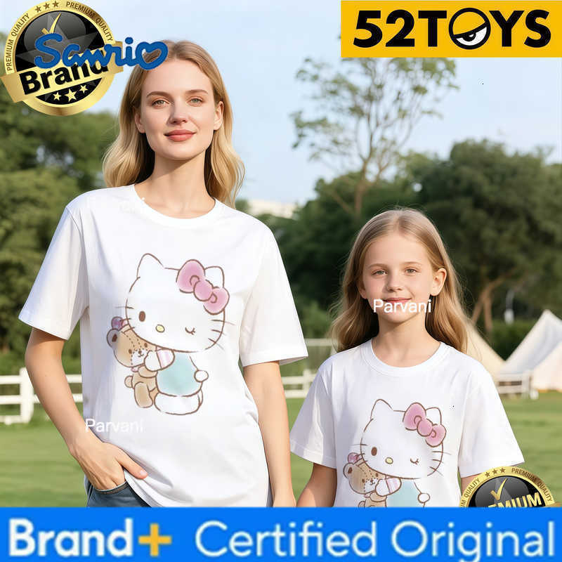 Sanrio 2026 Autumn-Winter Trending Hello Kitty Hug Bear Print 100 Cotton Parent-Child T-Shirts High Quality Loose Casual Fashion H260302