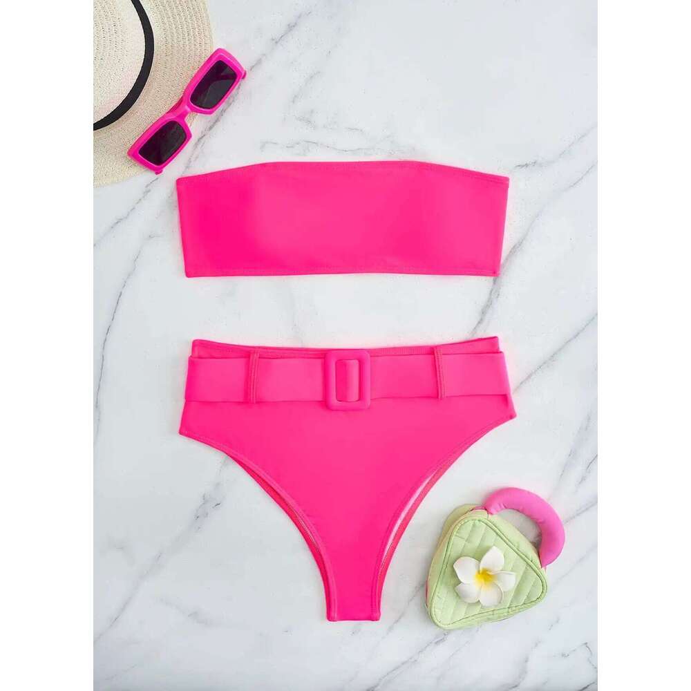 Neon Yellow High Waist Bikini 2024 New Belt Women Sexy Two Piece Swimsuit Push Up Swimwear Female Bathing Suit Summer Beachwear Z260301