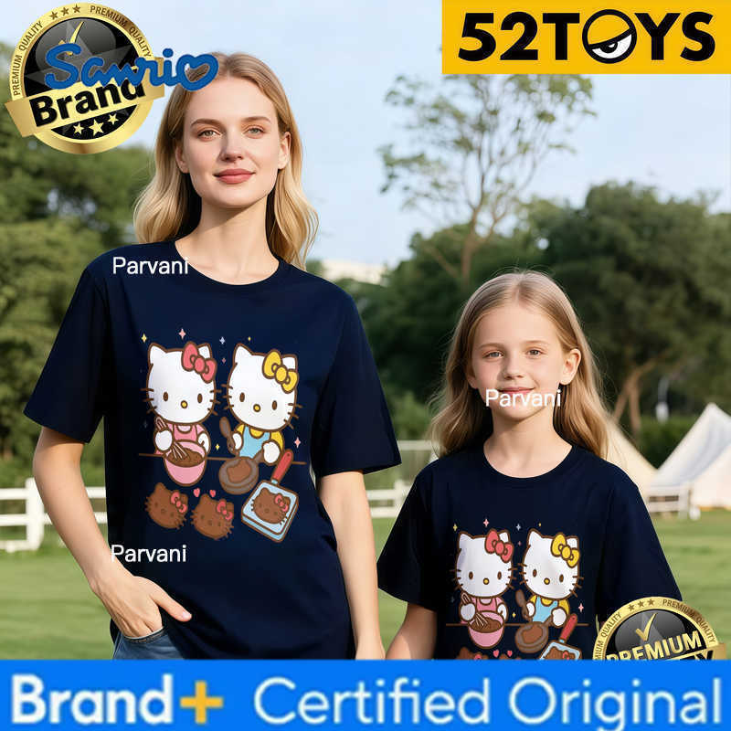Sanrio 2026 Autumn-Winter Trending Hello Kitty Baking Print 100 Cotton Parent-Child T-Shirts High Quality Loose Casual Breathable H260302