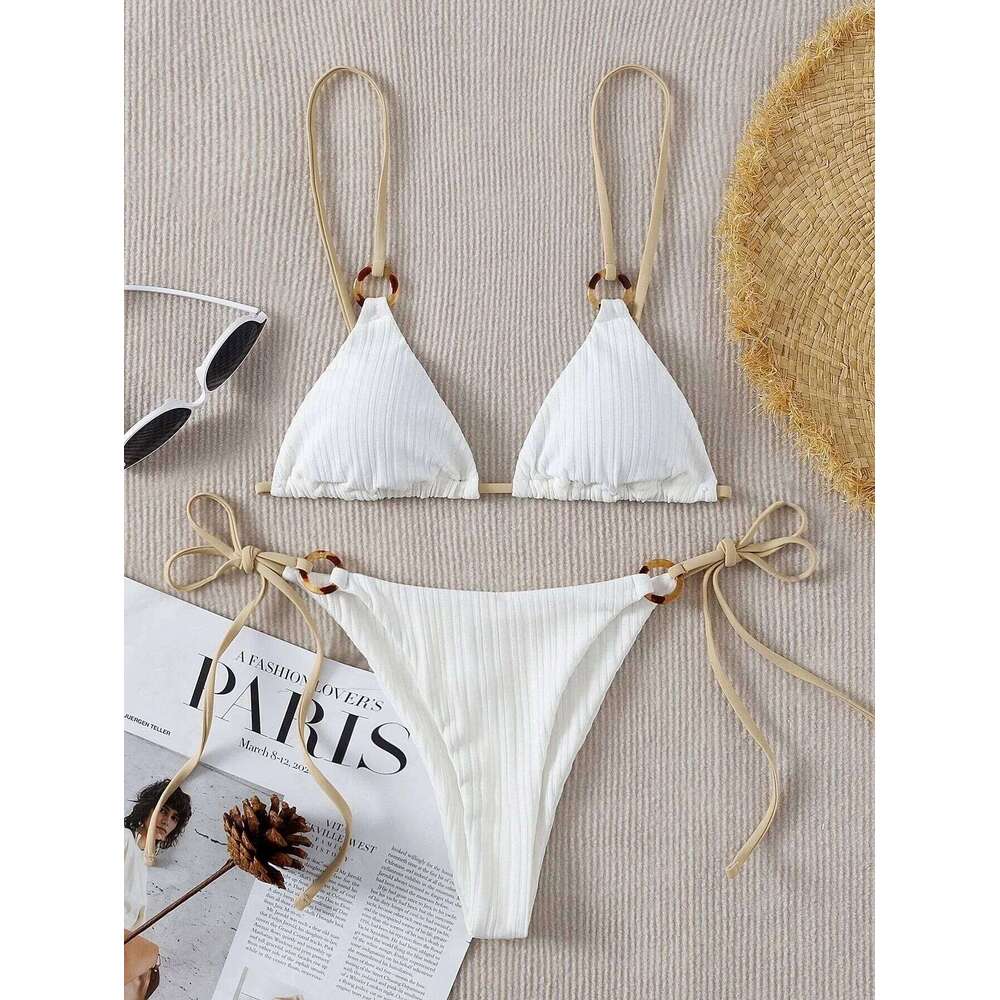 Sexy Rib Texture Triangle String Bikini Set Women Push Up Padded Thong Swimsuit Female Cut Out Bathing Suit Swimwear Biquini Z260301