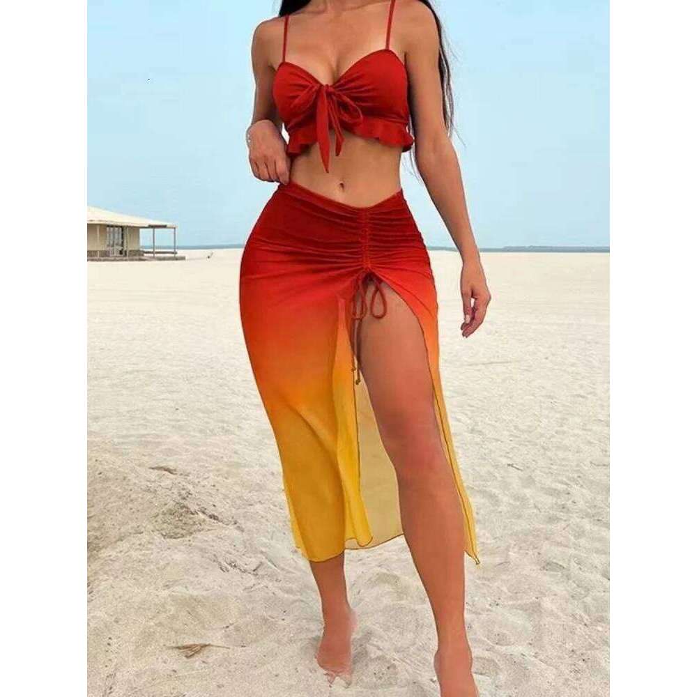 Sexy Blue Dye Gradient Bikini Set 2026 Women Front Tie Ruffles Push Up Skirt 3 Piece Swimsuit Beach Bathing Suit Swimwear Z260301