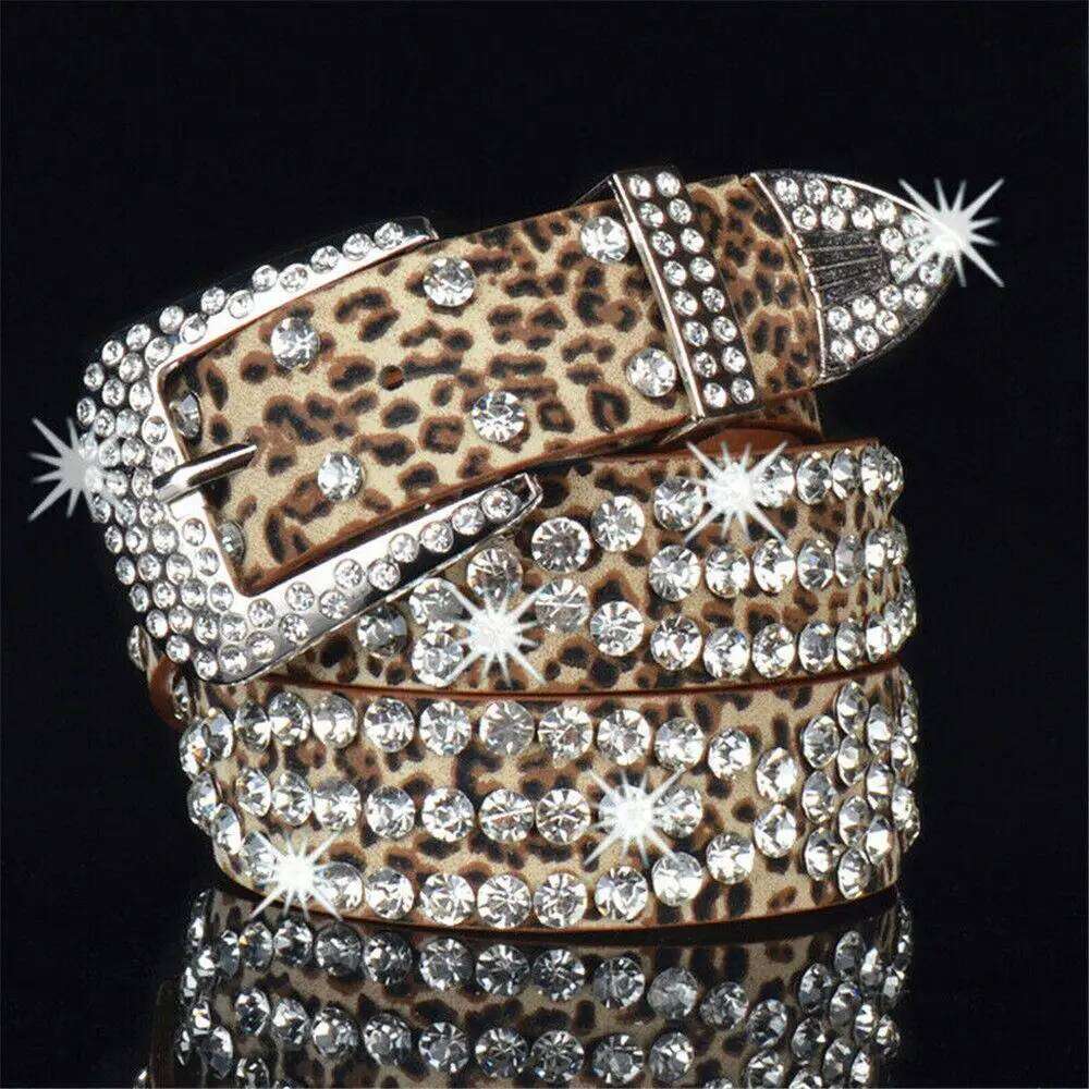 Women Adjustable Studded Rhinestone Belt Waistband Bling Crystal PU Leather S260228