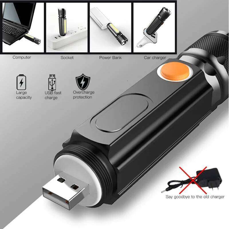 USB Rechargeable Multifunctional LED Flashlight Built-in battery Powerful T6 torch Side COB tail magnet Work Light Z260301