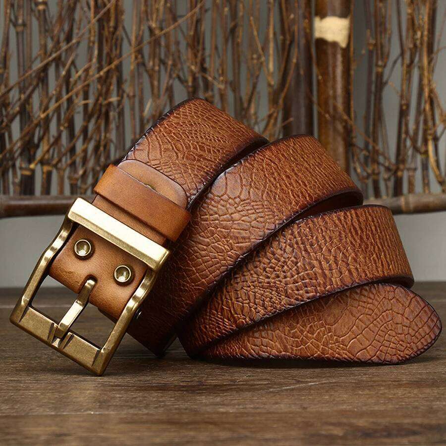 3.8CM Embossing Printing Retro Cowboy Male Cowskin Genuine Leather Heavy Copper Buckle Belt For Jeans Men Waist S260228