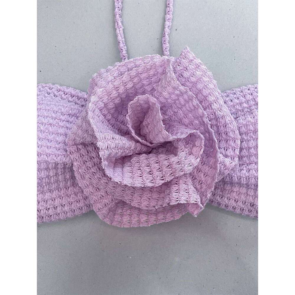 3 Piece Purple White Bikini Set Women Bandeau Big 3D Flower Swimsuit 2024 Beach Push Up Bathing Suit Skirt Swimwear Z260301