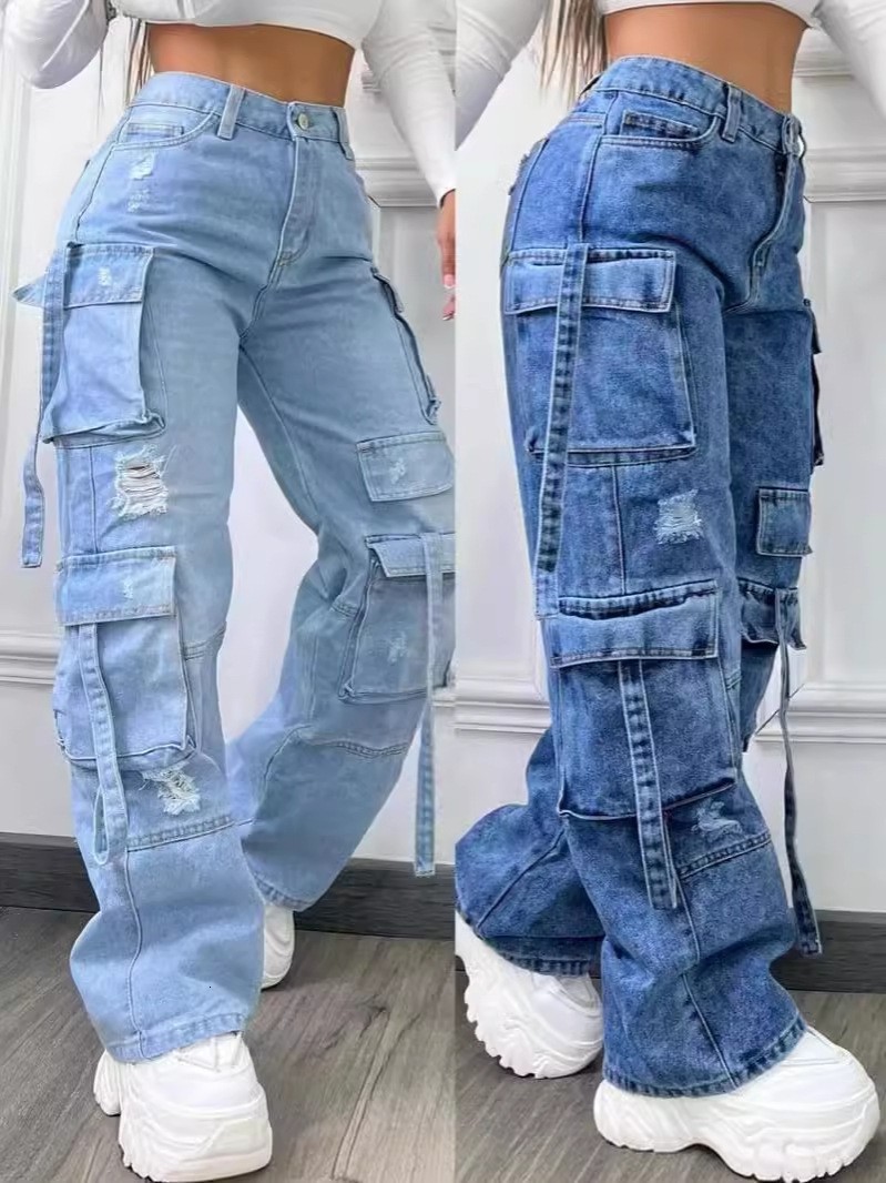 Denim Straight Jeans Wide Leg Women High Waist Loose Pants Y2K Trousers Hip-hop Streetwear Waist Colorblocked Loose Jeans 241007