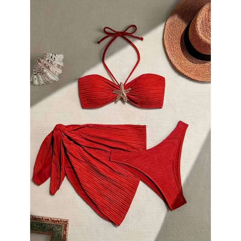 3 Pieces Solid Halter Bikinis 2026 Triangle Swimwear Female Beach Dress Swimsuit Women Bathers Bathing Swimming Suit Beachwear Z260301