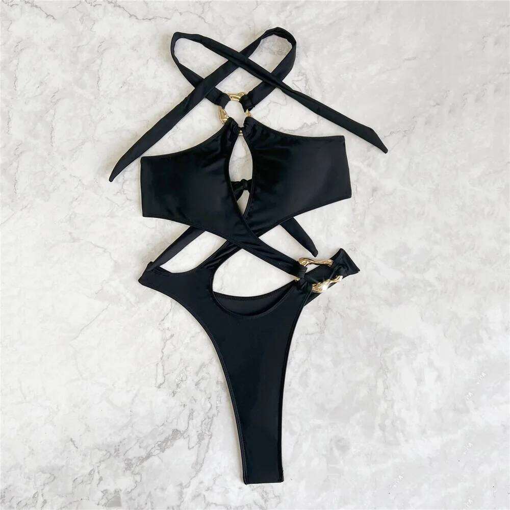 Solid Black Halter Backless Swimwear Woman 2025 One Piece Swimsuit Hollow Out Monokini Cross Bandage Metal Ring Swimming Wear Z260301