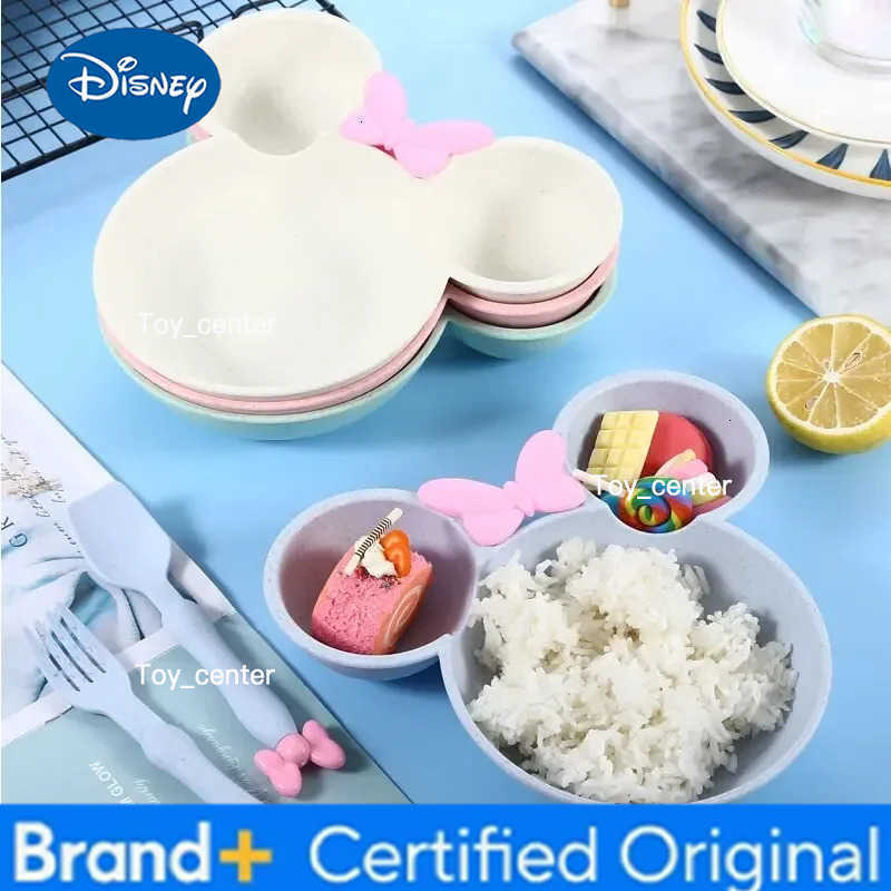 Disney 3Pcs/set Cartoon Baby Bowl Tableware Set Wheat Straw Childrens Dishes Kids Dinner Feeding Plate Bowknot Food Plate Spoon Fork H260302