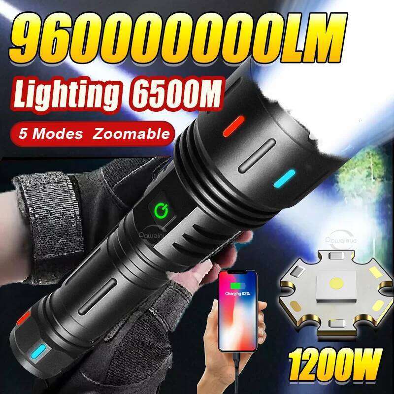 960000000LM High Power LED Flashlight USB Rechargeable Torch Waterproof Ultra Bright Flshlight Long Shot 6500M Camping Lantern Z260301